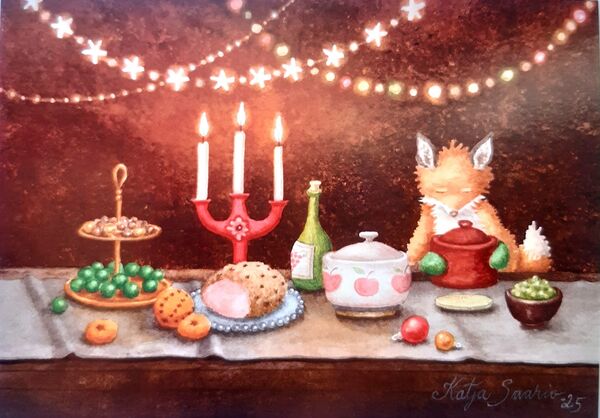 Joulukortti Kettu joulupöydässä