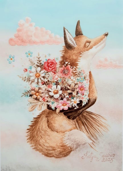 Postikortti Kettu ja kukkakimppu